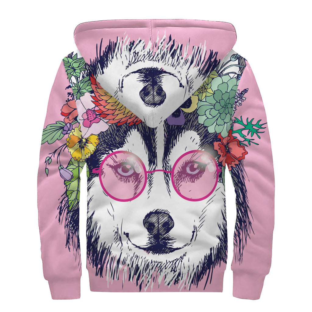 Hippie Siberian Husky Print Sherpa Lined Zip Up Hoodie