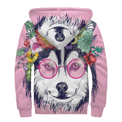 Hippie Siberian Husky Print Sherpa Lined Zip Up Hoodie