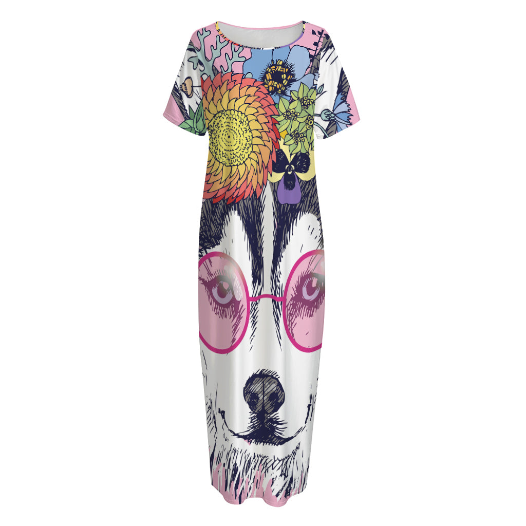 Hippie Siberian Husky Print Short Sleeve Long Nightdress