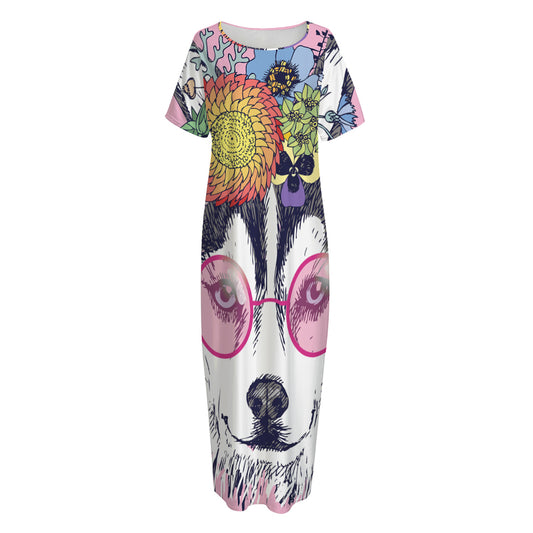 Hippie Siberian Husky Print Short Sleeve Long Nightdress