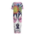 Hippie Siberian Husky Print Short Sleeve Long Nightdress
