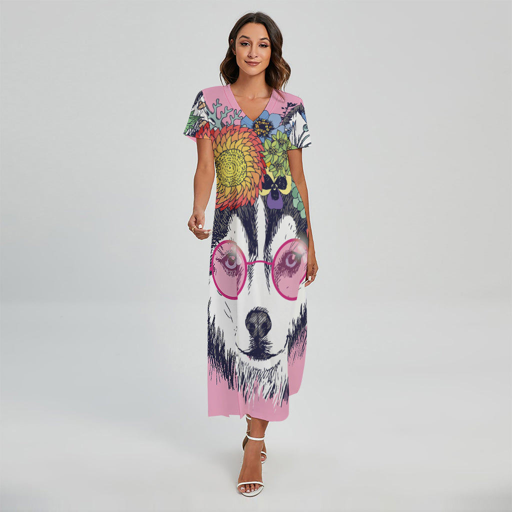 Hippie Siberian Husky Print Short Sleeve Maxi Dress