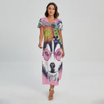 Hippie Siberian Husky Print Short Sleeve Maxi Dress