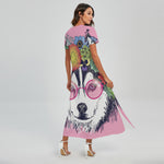 Hippie Siberian Husky Print Short Sleeve Maxi Dress