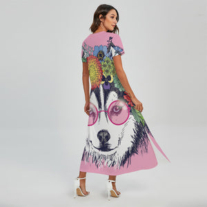 Hippie Siberian Husky Print Short Sleeve Maxi Dress