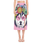 Hippie Siberian Husky Print Side Slit Midi Skirt