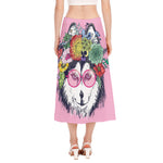 Hippie Siberian Husky Print Side Slit Midi Skirt