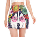 Hippie Siberian Husky Print Side Slit Mini Skirt