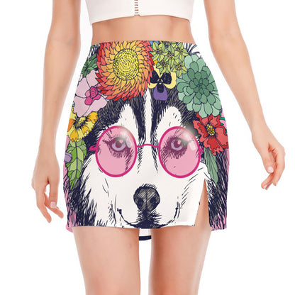 Hippie Siberian Husky Print Side Slit Mini Skirt