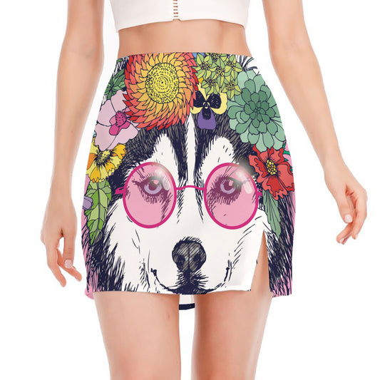 Hippie Siberian Husky Print Side Slit Mini Skirt