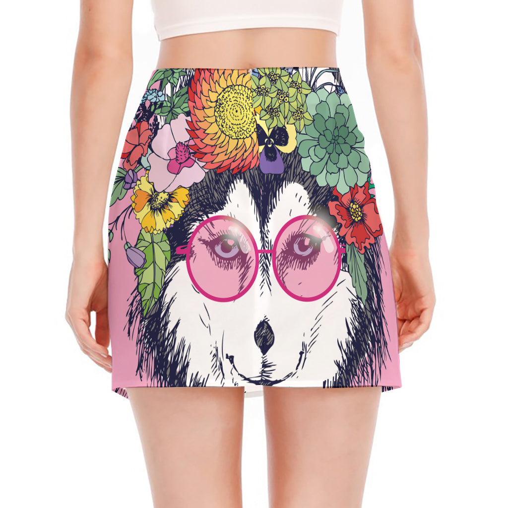 Hippie Siberian Husky Print Side Slit Mini Skirt