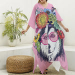 Hippie Siberian Husky Print Silk V-Neck Kaftan Dress