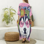Hippie Siberian Husky Print Silk V-Neck Kaftan Dress