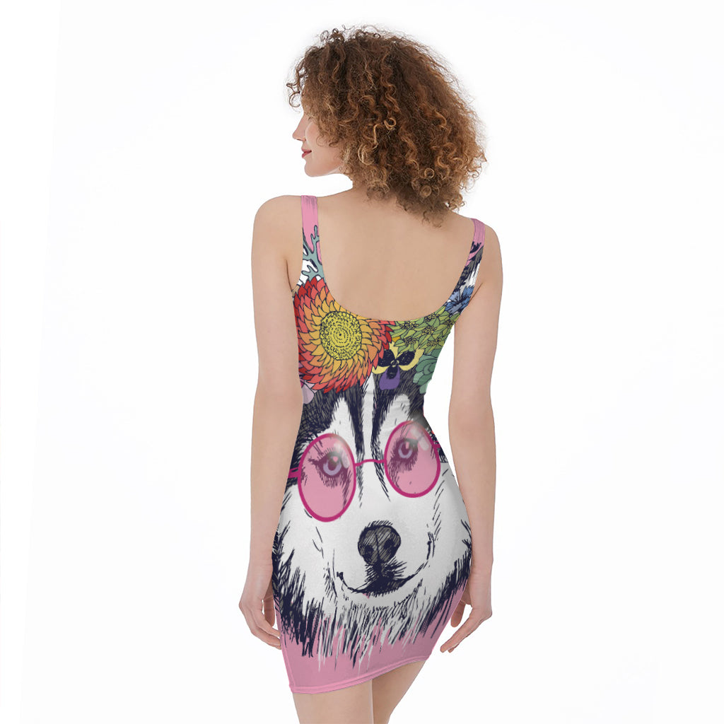 Hippie Siberian Husky Print Sleeveless Bodycon Dress