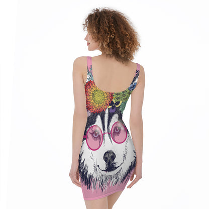 Hippie Siberian Husky Print Sleeveless Bodycon Dress