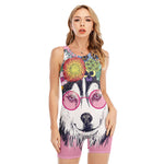 Hippie Siberian Husky Print Sleeveless One Piece Swimsuit