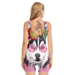 Hippie Siberian Husky Print Sleeveless One Piece Swimsuit
