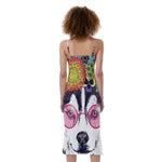 Hippie Siberian Husky Print Slim Fit Midi Cami Dress