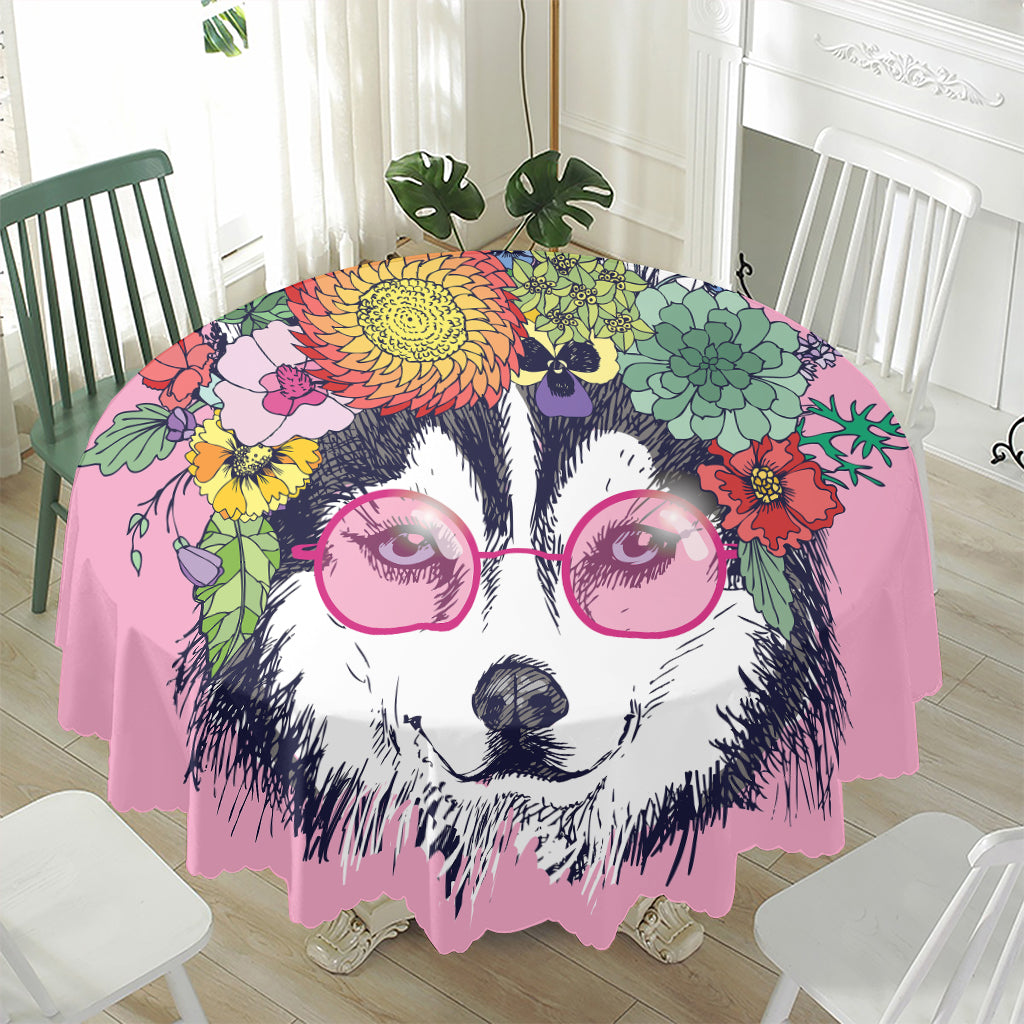 Hippie Siberian Husky Print Waterproof Round Tablecloth