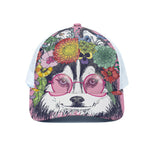 Hippie Siberian Husky Print White Mesh Trucker Cap