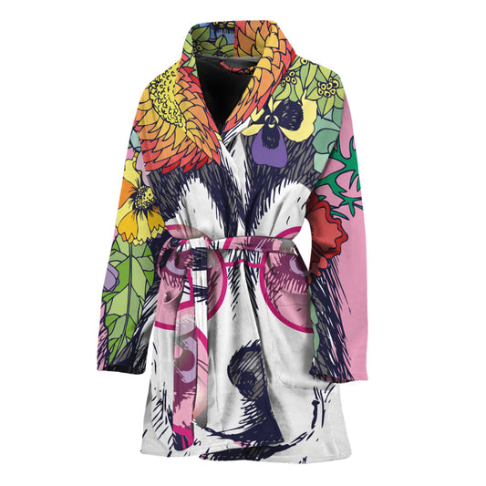 Hippie Siberian Husky Print Women's Bathrobe