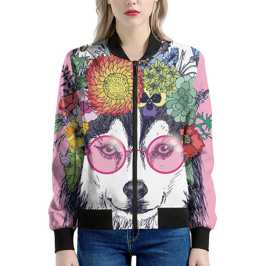 Hippie Siberian Husky Print Women's Bomber Jacket