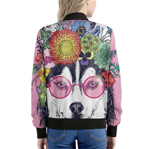 Hippie Siberian Husky Print Women's Bomber Jacket