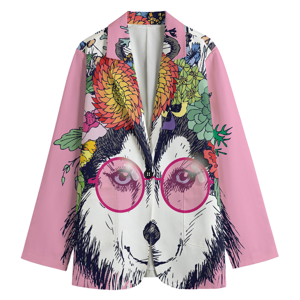 Hippie Siberian Husky Print Women's Cotton Blazer