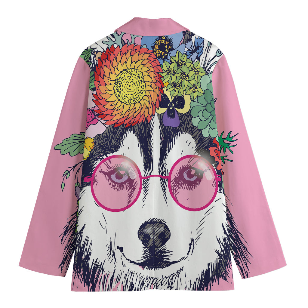 Hippie Siberian Husky Print Women's Cotton Blazer