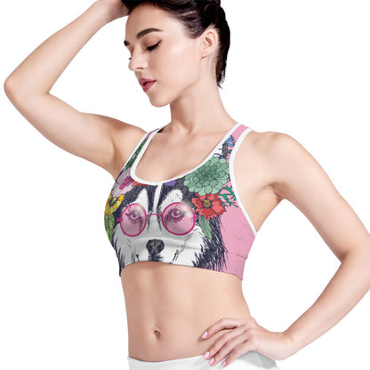 Hippie Siberian Husky Print Women's Sports Bra