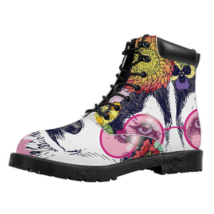 Hippie Siberian Husky Print Work Boots