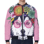 Hippie Siberian Husky Print Zip Sleeve Bomber Jacket