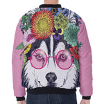 Hippie Siberian Husky Print Zip Sleeve Bomber Jacket