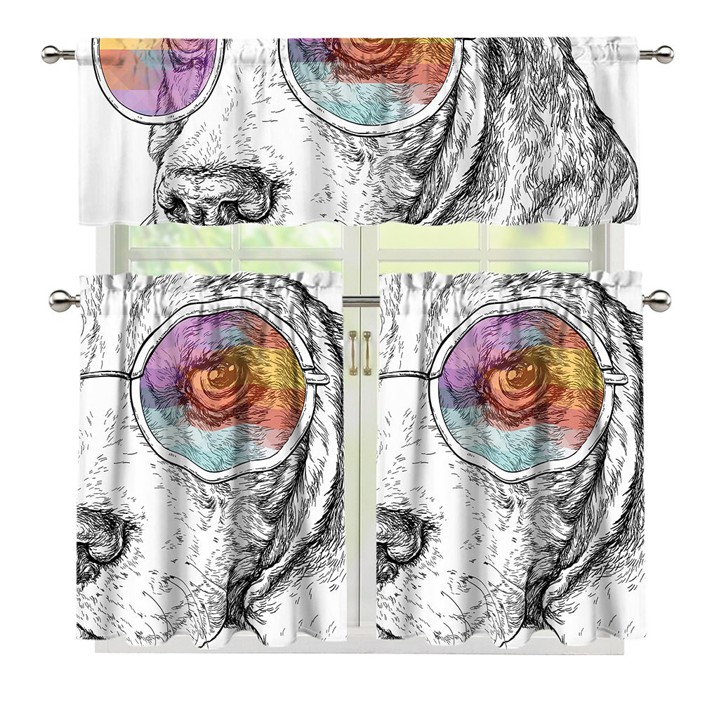 Hipster Beagle With Glasses Print 3 Piece Kitchen Curtains
