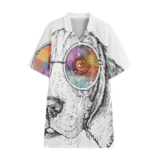 Hipster Beagle With Glasses Print Cotton Hawaiian Shirt