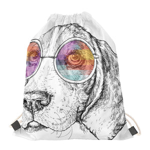 Hipster Beagle With Glasses Print Drawstring Bag