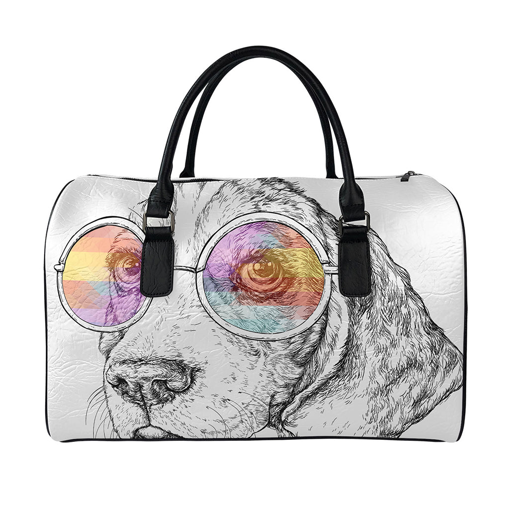 Hipster Beagle With Glasses Print Leather Duffle Bag