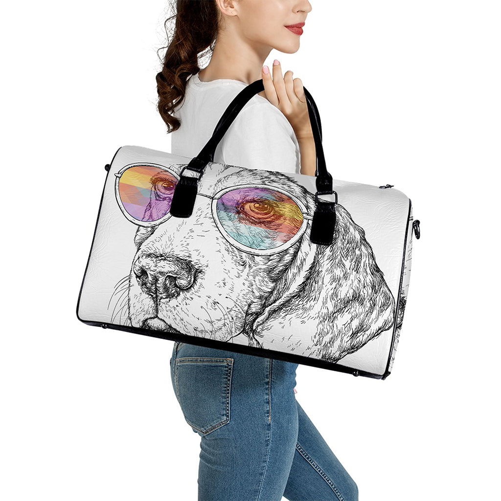 Hipster Beagle With Glasses Print Leather Duffle Bag