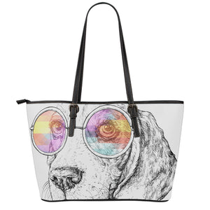 Hipster Beagle With Glasses Print Leather Tote Bag