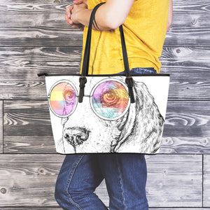 Hipster Beagle With Glasses Print Leather Tote Bag