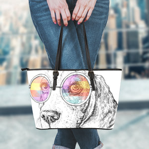 Hipster Beagle With Glasses Print Leather Tote Bag