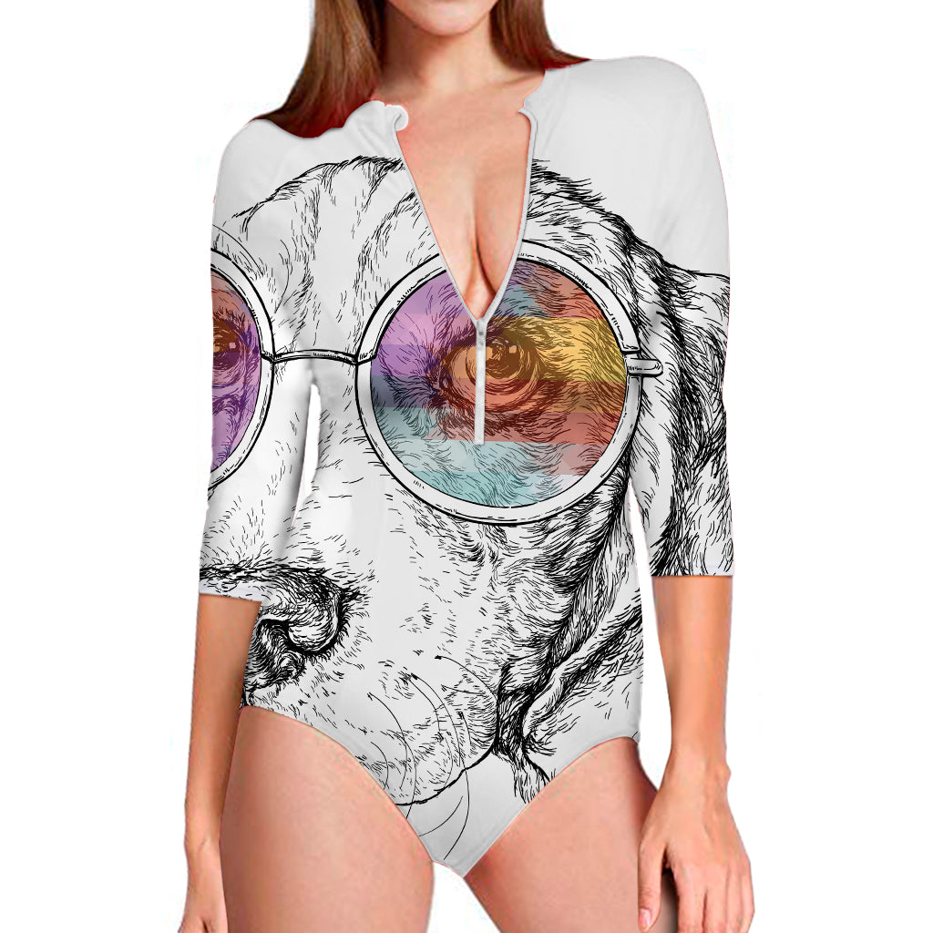 Hipster Beagle With Glasses Print Long Sleeve Swimsuit