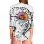 Hipster Beagle With Glasses Print Long Sleeve Swimsuit