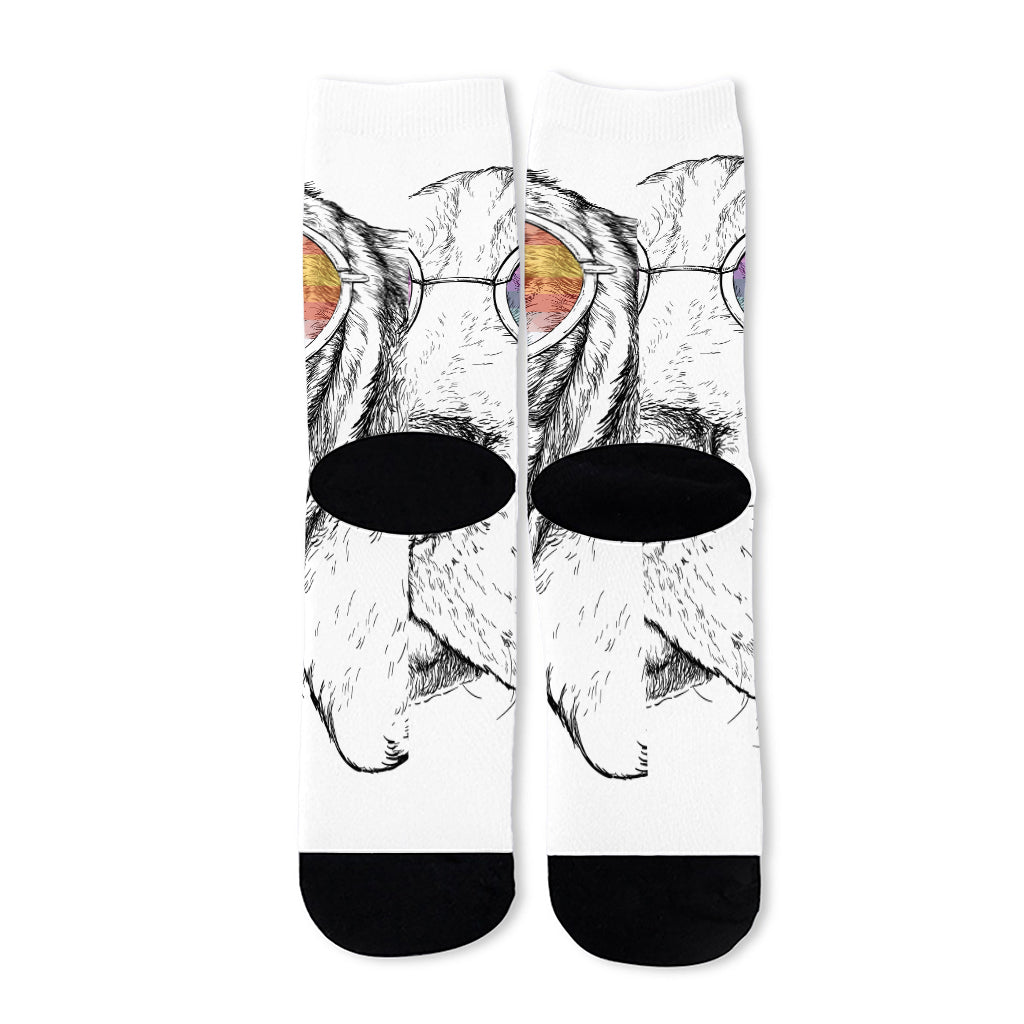 Hipster Beagle With Glasses Print Long Socks