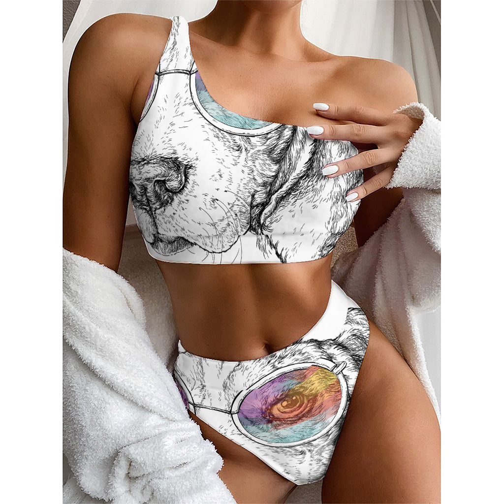 Hipster Beagle With Glasses Print One Shoulder Bikini Top