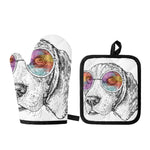Hipster Beagle With Glasses Print Oven Mitt And Pot Holder Set