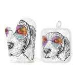 Hipster Beagle With Glasses Print Oven Mitt And Pot Holder Set