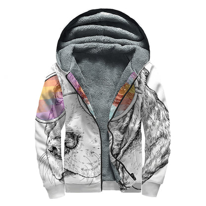 Hipster Beagle With Glasses Print Sherpa Lined Zip Up Hoodie