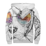 Hipster Beagle With Glasses Print Sherpa Lined Zip Up Hoodie