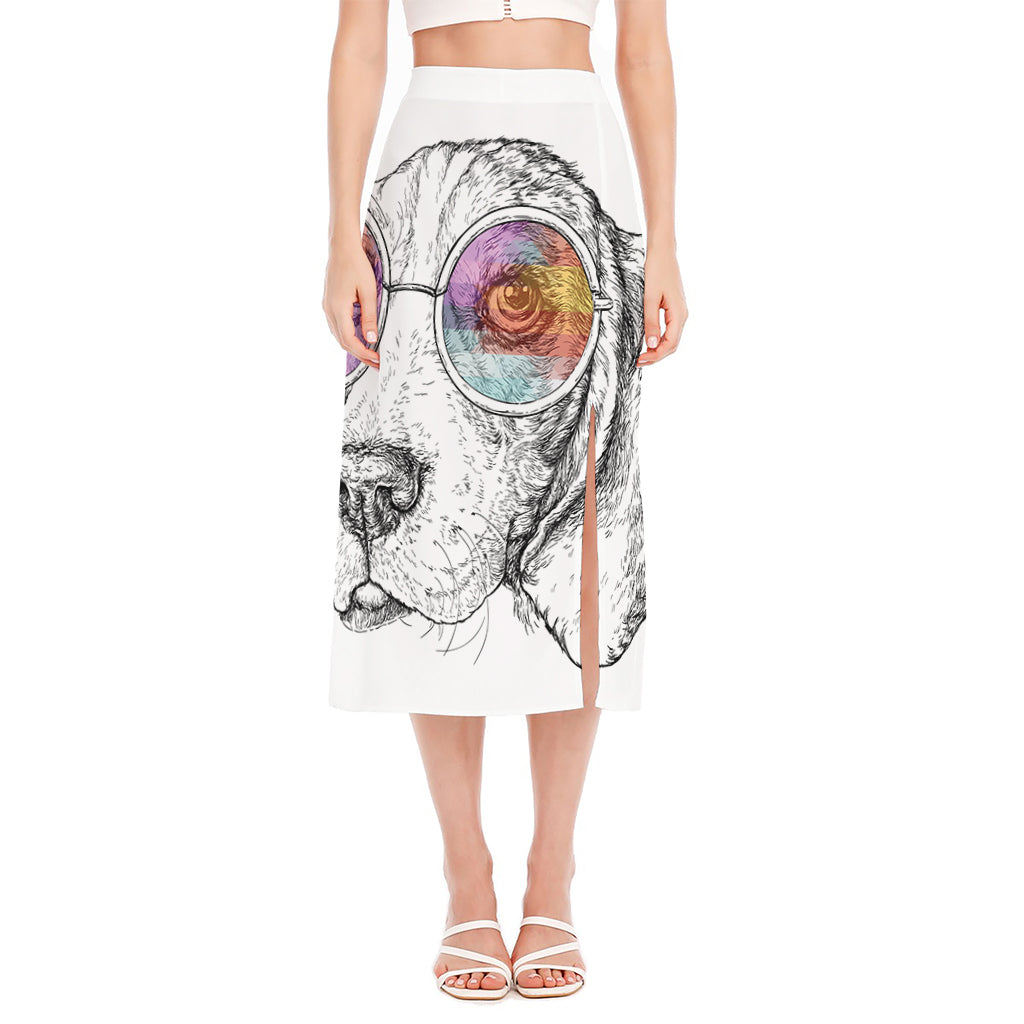 Hipster Beagle With Glasses Print Side Slit Midi Skirt